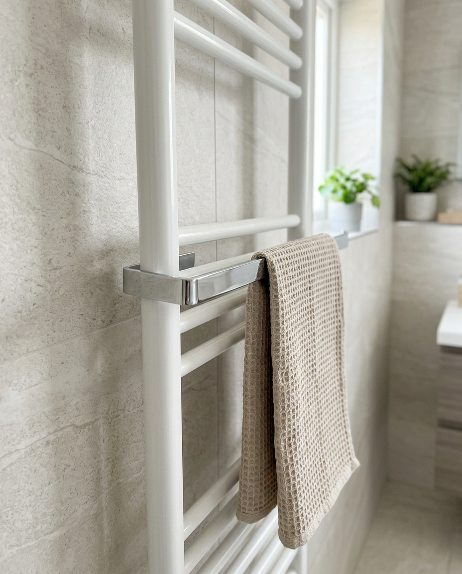 Vertica Towel Bar in a bright modern bathroom