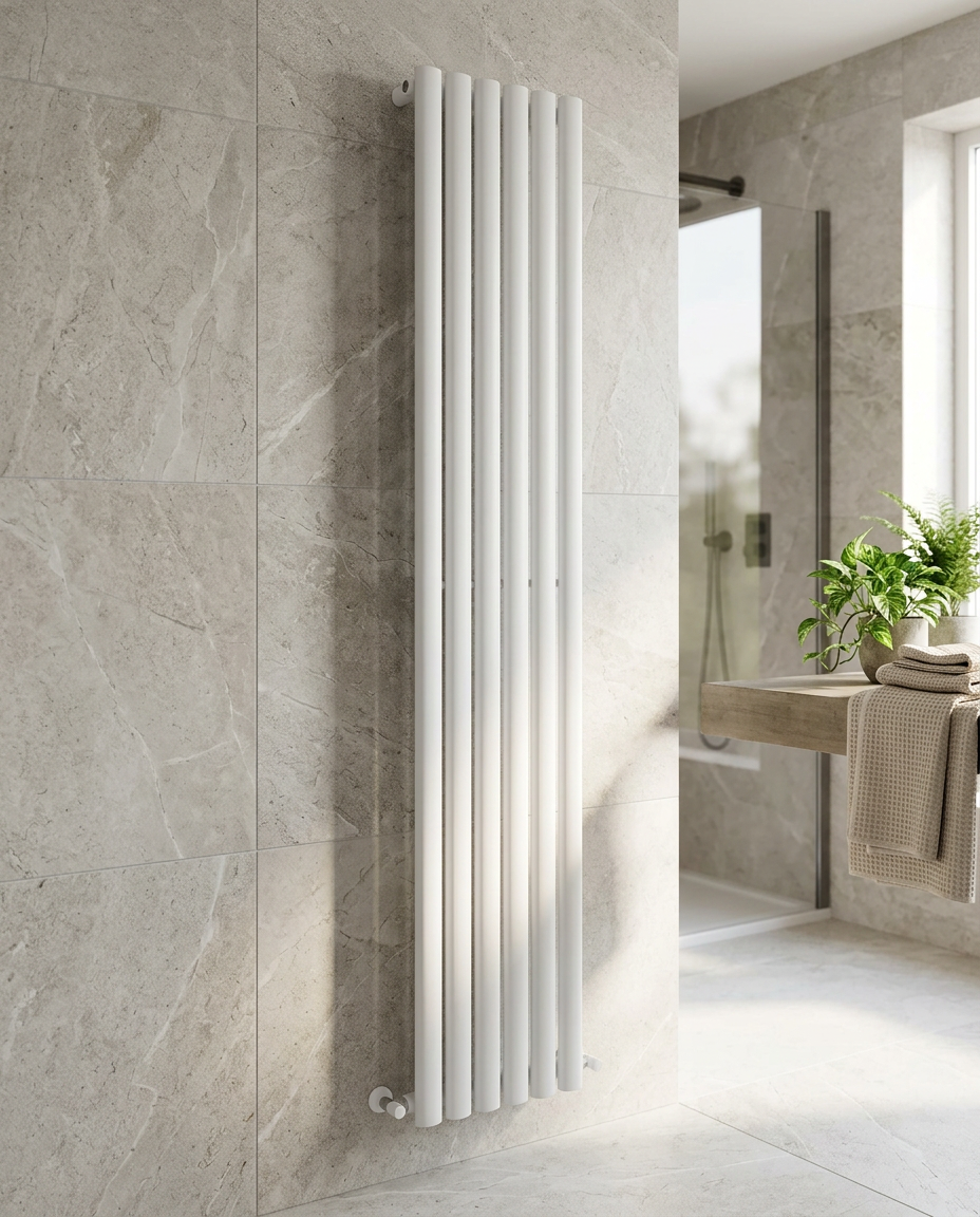 Vertica Vertical Radiator in a bright modern bathroom