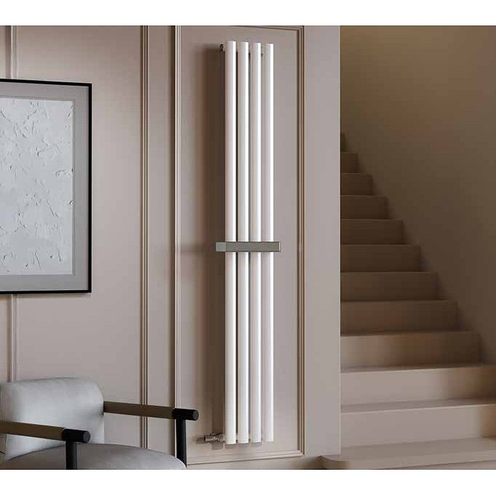 Vertica vertical radiator in white with towel bar in a hallway