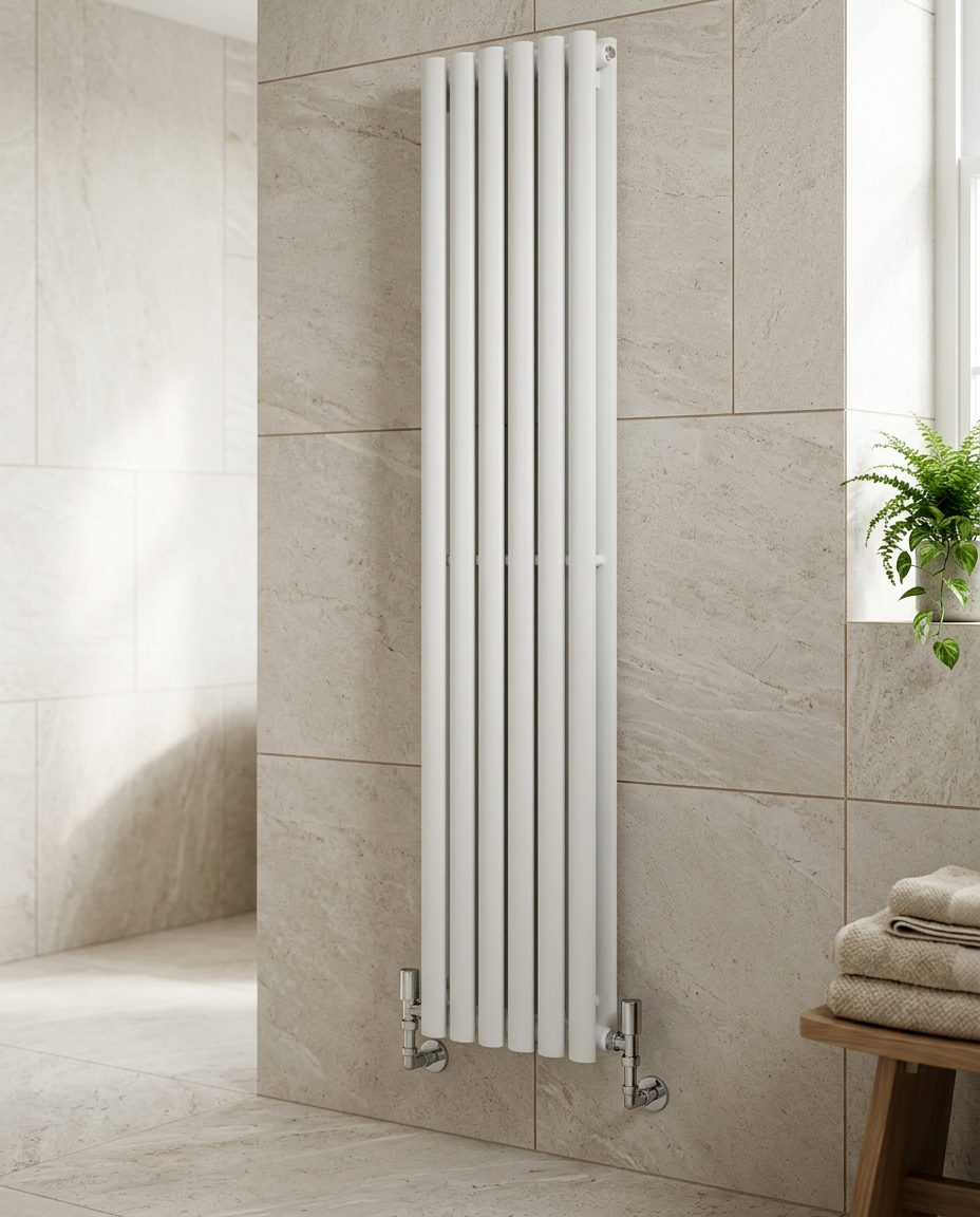Vertica Vertical Radiator with Valves in a bright modern bathroom