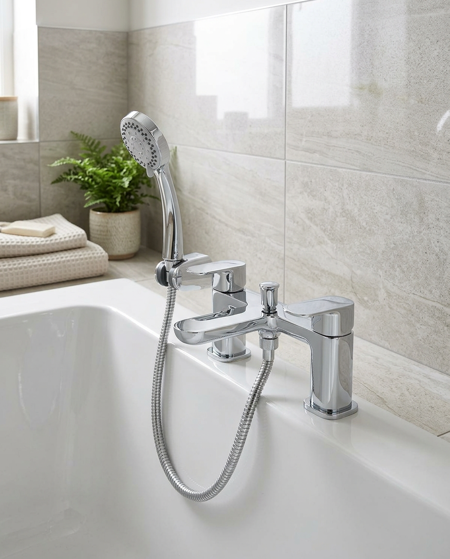 Vista Bath Shower Mixer in a bright modern bathroom