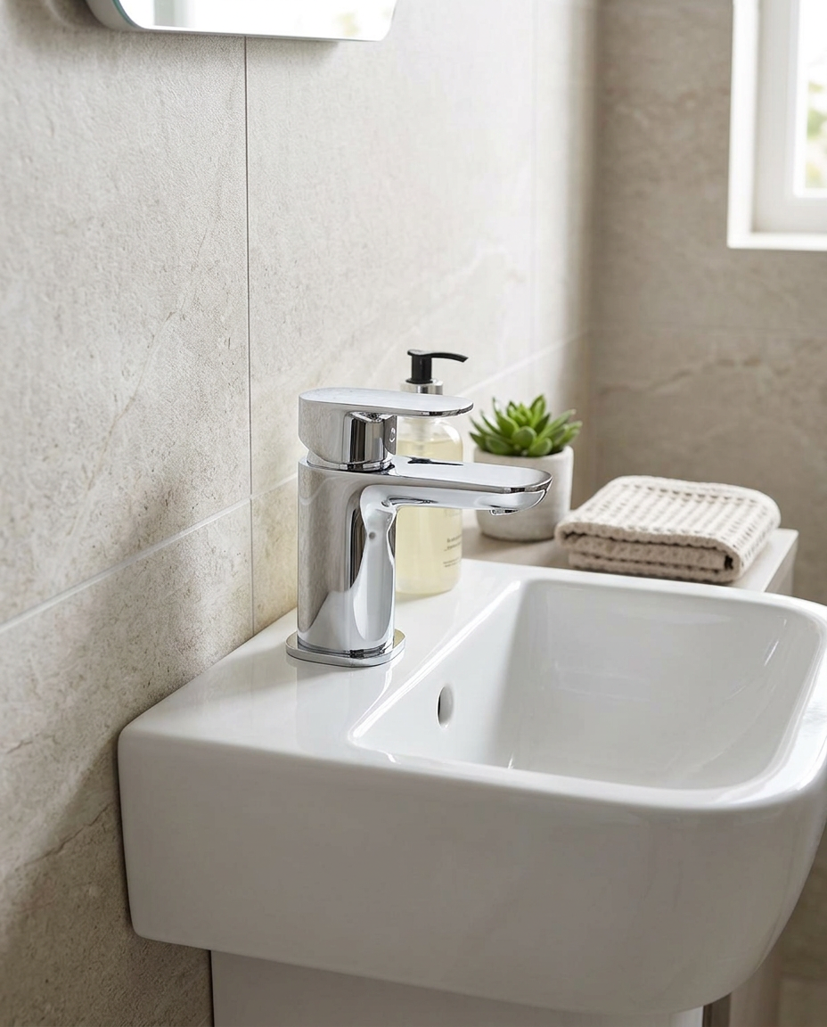 Vista Mini Mono Basin Mixer in a bright modern bathroom