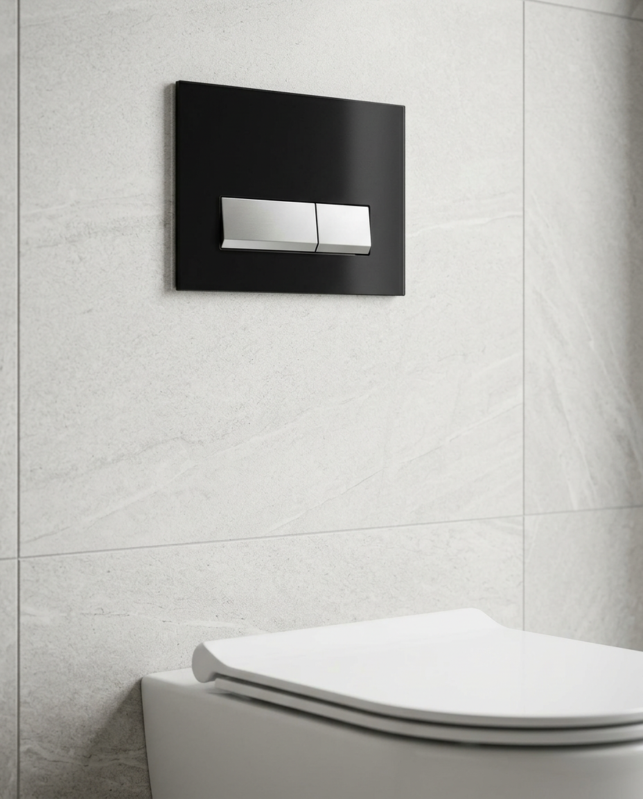 WC Frame Flush Plates, black glass, chrome buttons in a bright modern bathroom
