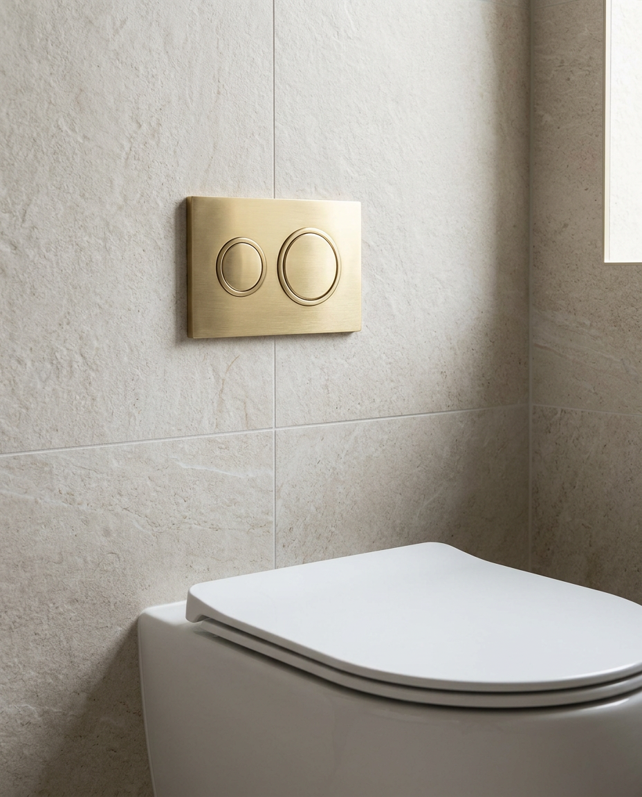 WC Frame Flush Plates, round, brushed brass in a bright modern bathroom