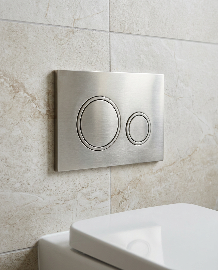 WC Frame Flush Plates, round, brushed nickel in a bright modern bathroom