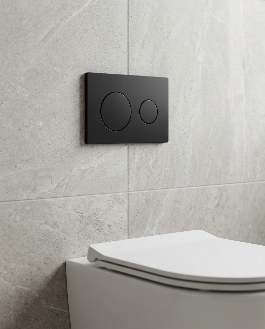 WC Frame Flush Plates, round, matt black in a bright modern bathroom