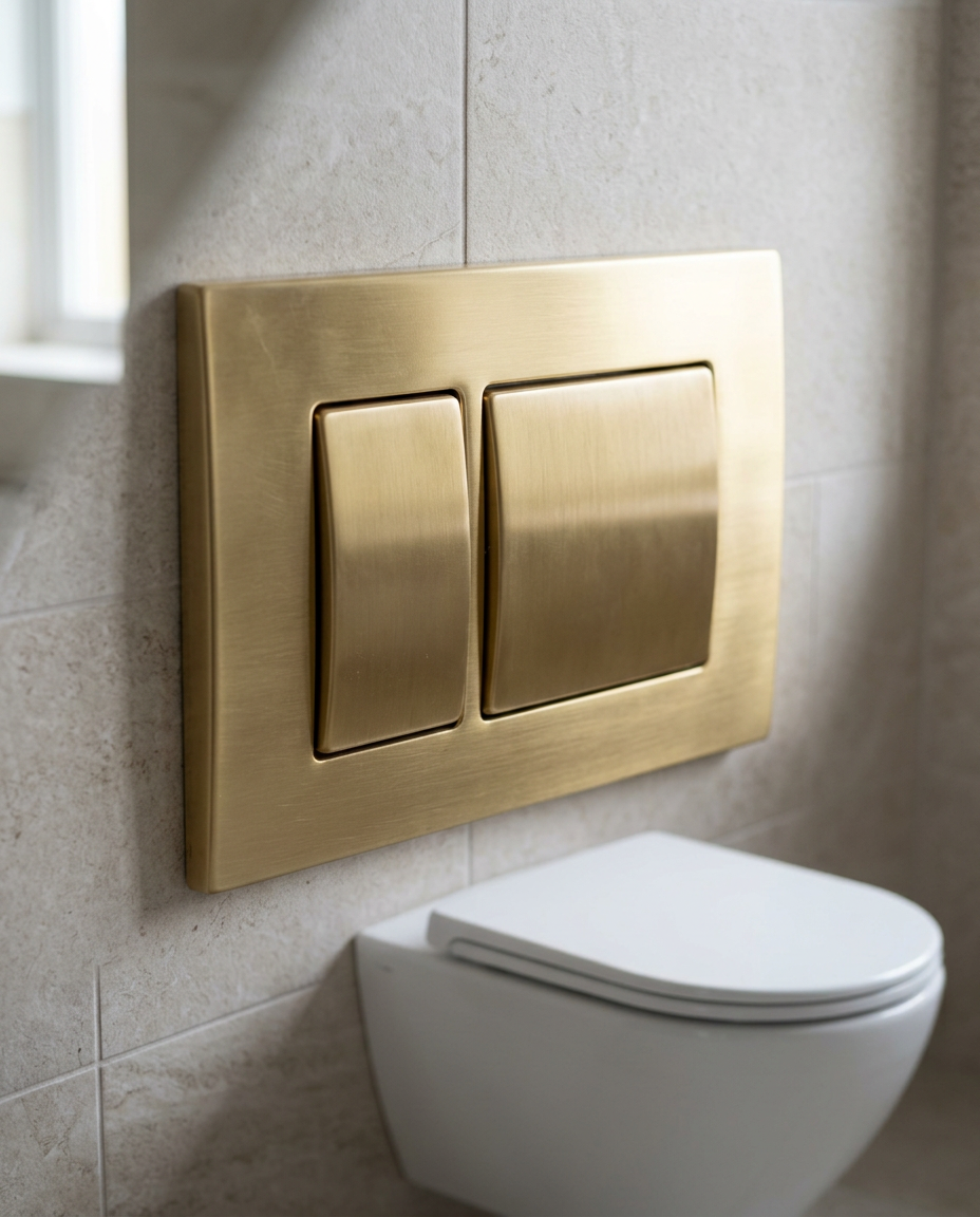 WC Frame Flush Plates, square, brushed brass in a bright modern bathroom