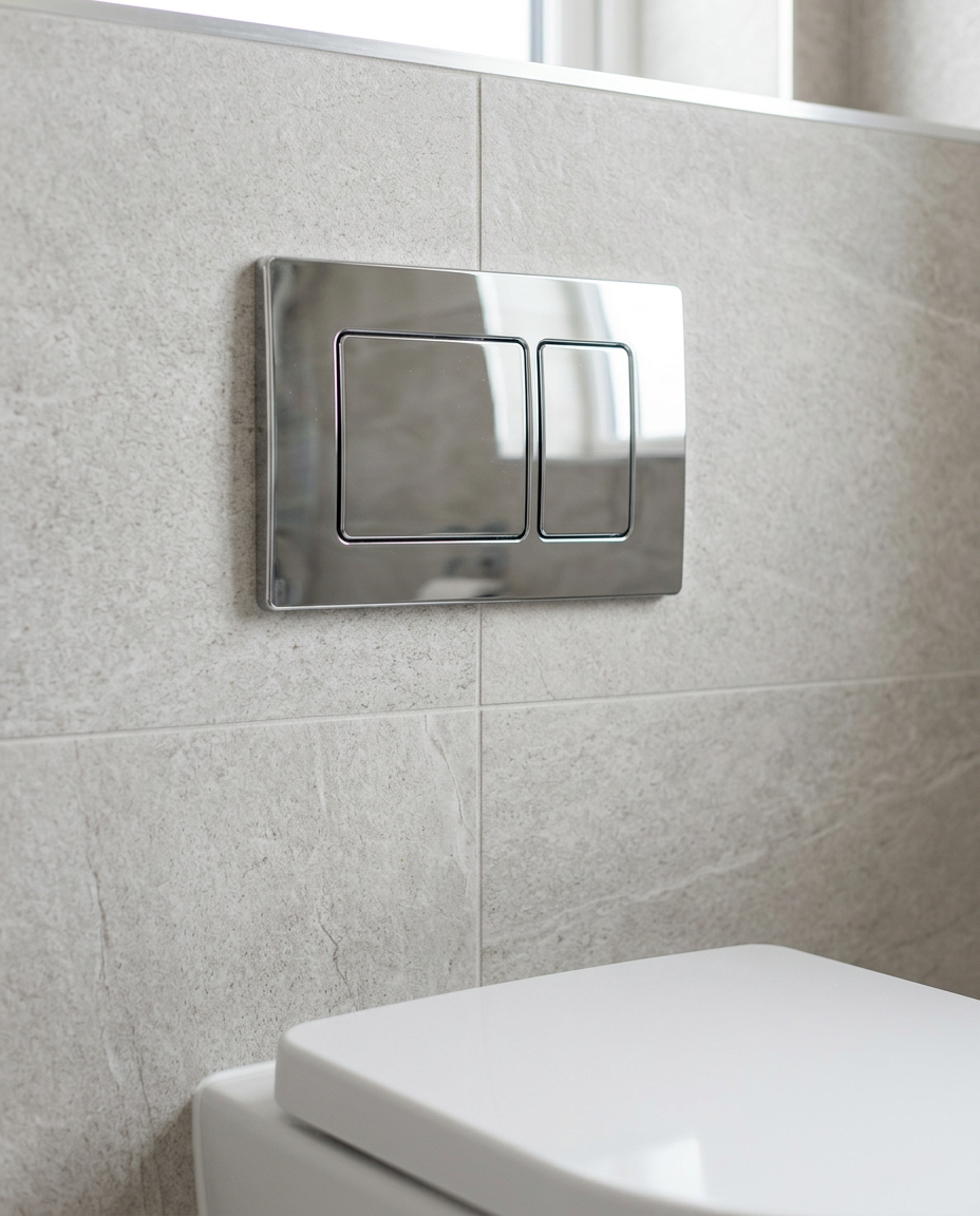 WC Frame Flush Plates, square, chrome in a bright modern bathroom