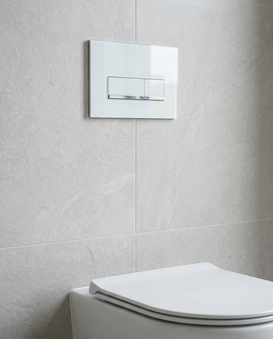 WC Frame Flush Plates, white glass, chrome buttons in a bright modern bathroom