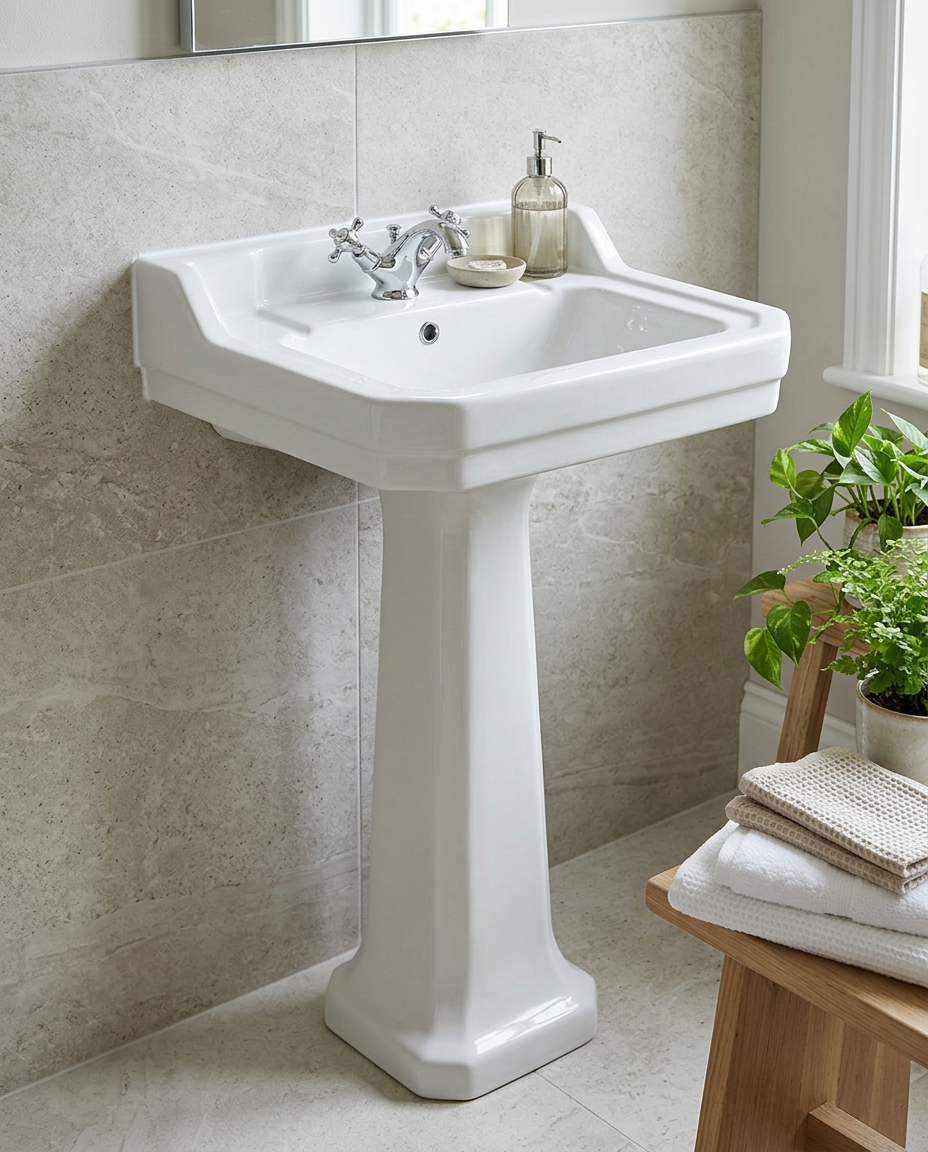 Windham Basin & Pedestal in a bright modern bathroom