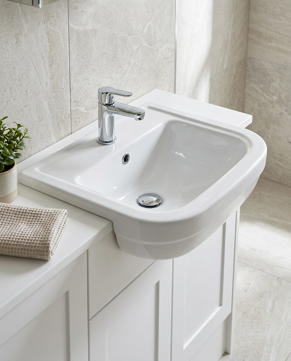 Windham Semi-Recessed Basin in a bright modern bathroom